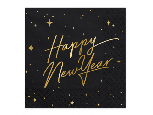 Ubrousky Happy New Year, rozměr 33x33cm, černé se třpytivě zlatým nápisem, set 20ks (zn. PartyDeco)