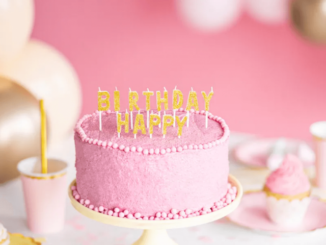 Dortová svíčka Happy Birthday, zlatá barva s glitry, 2.5cm (zn. PartyDeco) - varianta 1