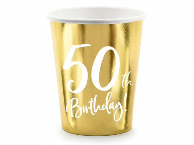 Papírové kelímky pro 50. narozeniny / 50th Birthday, zlaté, 220ml, set 6ks (zn. PartyDeco)
