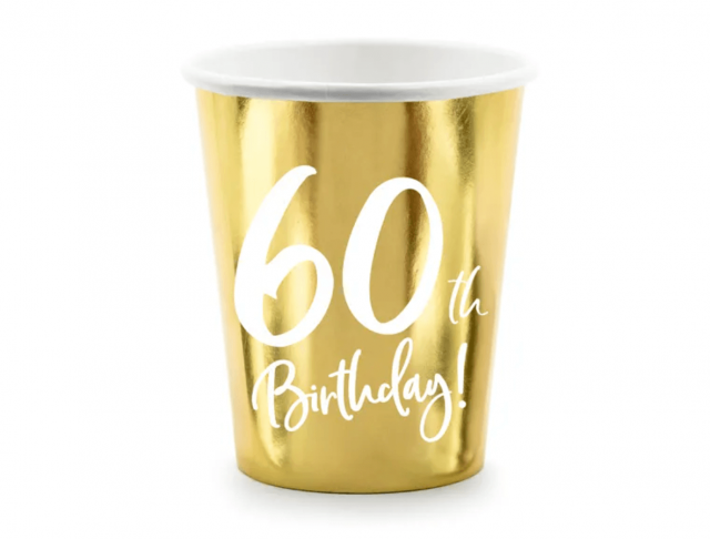Papírové kelímky pro 60. narozeniny / 60th Birthday, zlaté, 220ml, set 6ks (zn. PartyDeco)