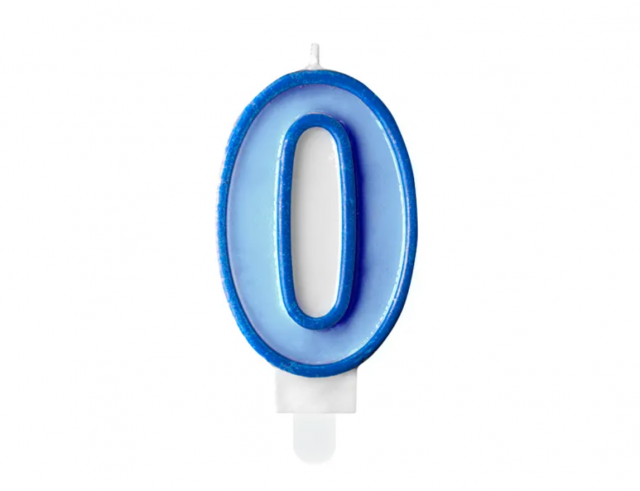 Dortová svíčka, ČÍSLICE 0 s okraji, modrá barva, velikost 7cm (zn. PartyDeco)