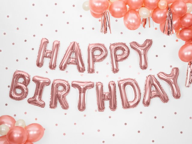 Fóliová girlanda HAPPY BIRTHDAY z balónků, rosegold barva, délka 3.4m (zn. PartyDeco)