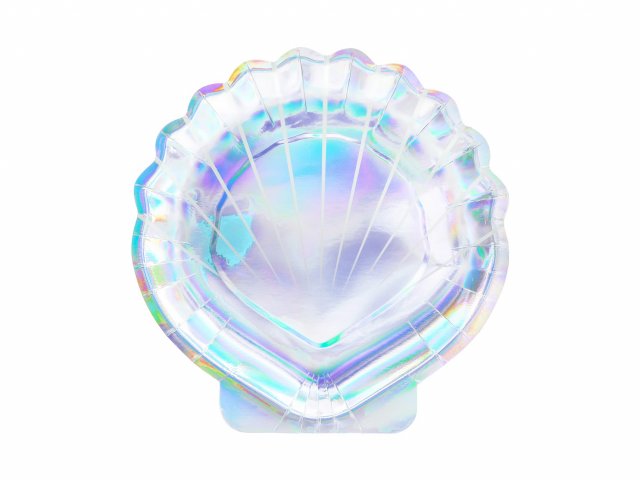 Papírové talířky Mušle Mermaid / Mořský svět, průměr 18.5cm, holografické, set 6ks (zn. PartyDeco)