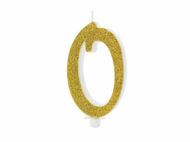Velká svíčka na dort, ČÍSLICE 0, zlatá glitrovaná barva, výška 10cm (zn. PartyDeco)