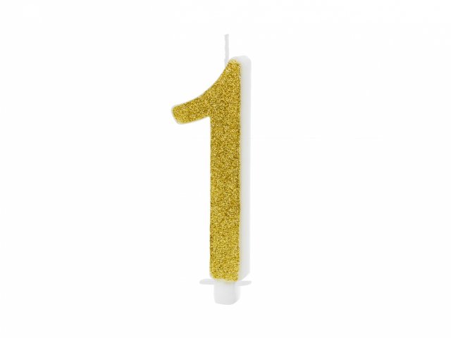 Velká svíčka na dort, ČÍSLICE 1, zlatá glitrovaná barva, výška 10cm (zn. PartyDeco)