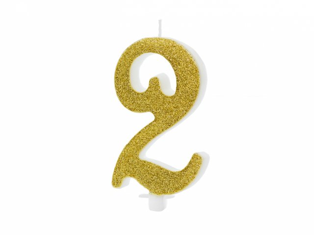 Velká svíčka na dort, ČÍSLICE 2, zlatá glitrovaná barva, výška 10cm (zn. PartyDeco)
