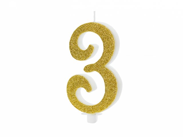 Velká svíčka na dort, ČÍSLICE 3, zlatá glitrovaná barva, výška 10cm (zn. PartyDeco)