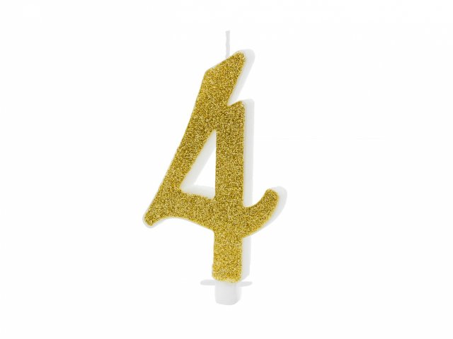 Velká svíčka na dort, ČÍSLICE 4, zlatá glitrovaná barva, výška 10cm (zn. PartyDeco)