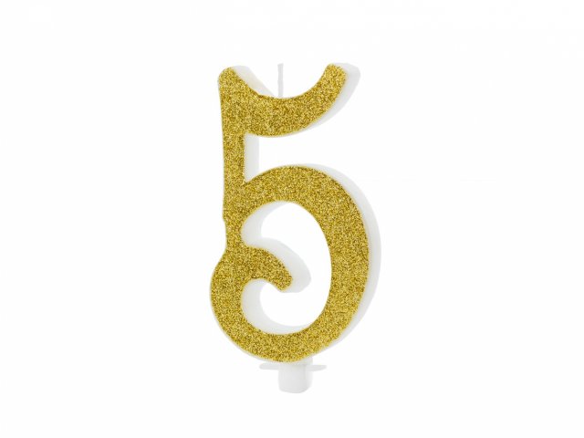 Velká svíčka na dort, ČÍSLICE 5, zlatá glitrovaná barva, výška 10cm (zn. PartyDeco)