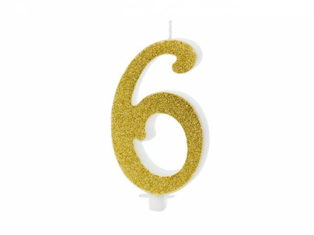 Velká svíčka na dort, ČÍSLICE 6, zlatá glitrovaná barva, výška 10cm (zn. PartyDeco)