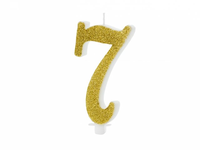 Velká svíčka na dort, ČÍSLICE 7, zlatá glitrovaná barva, výška 10cm (zn. PartyDeco)