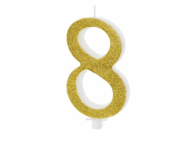 Velká svíčka na dort, ČÍSLICE 8, zlatá glitrovaná barva, výška 10cm (zn. PartyDeco)