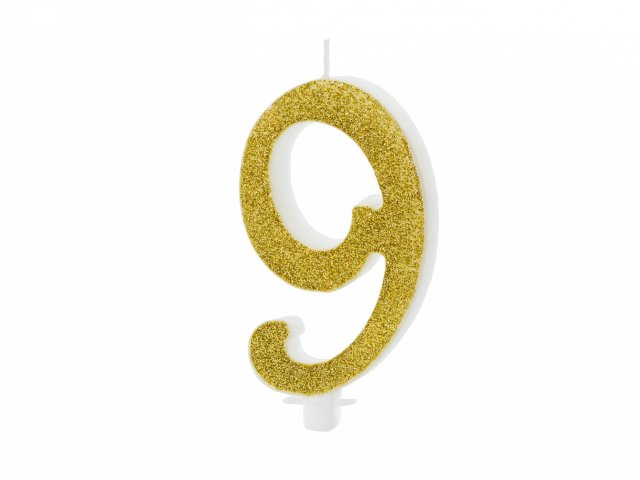 Velká svíčka na dort, ČÍSLICE 9, zlatá glitrovaná barva, výška 10cm (zn. PartyDeco)