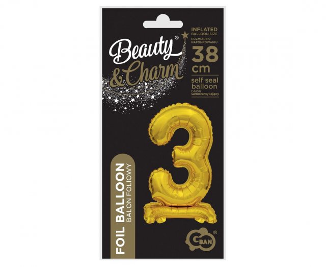 Fóliový balónek ČÍSLICE 3, stojací pouze na vzduch - zlatá barva, velikost 38cm (zn. Godan-Beauty&Charm)