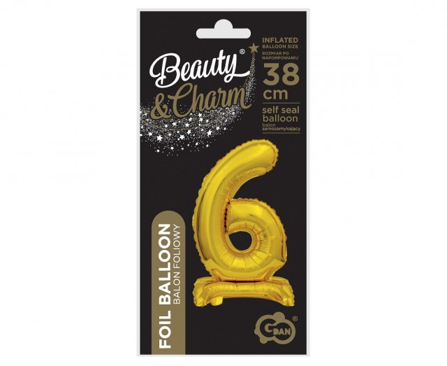 Fóliový balónek ČÍSLICE 6, stojací pouze na vzduch - zlatá barva, velikost 38cm (zn. Godan-Beauty&Charm)