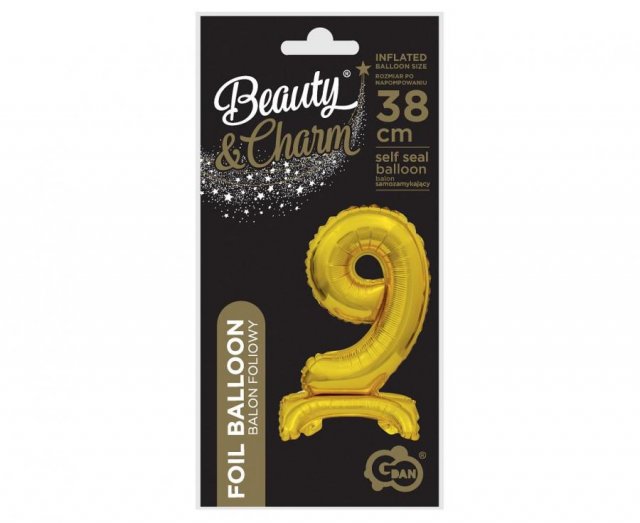 Fóliový balónek ČÍSLICE 9, stojací pouze na vzduch - zlatá barva, velikost 38cm (zn. Godan-Beauty&Charm)