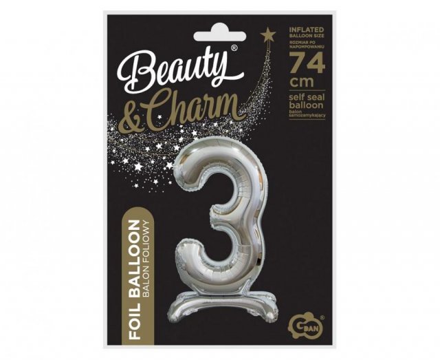 Fóliový balónek ČÍSLICE 3, stojací pouze na vzduch - stříbrná barva, velikost 74cm (zn. Godan-Beauty&Charm)
