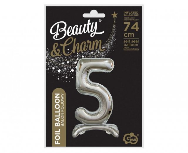 Fóliový balónek ČÍSLICE 5, stojací pouze na vzduch - stříbrná barva, velikost 74cm (zn. Godan-Beauty&Charm)