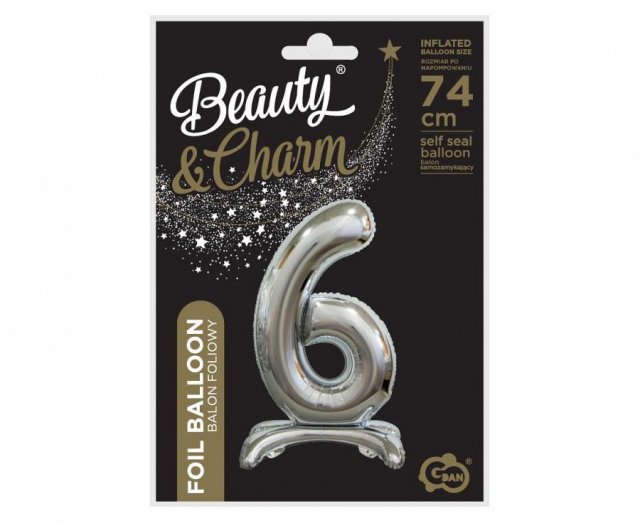 Fóliový balónek ČÍSLICE 6, stojací pouze na vzduch - stříbrná barva, velikost 74cm (zn. Godan-Beauty&Charm)