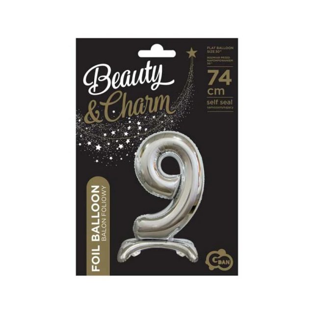 Fóliový balónek ČÍSLICE 9, stojací pouze na vzduch - stříbrná barva, velikost 74cm (zn. Godan-Beauty&Charm)