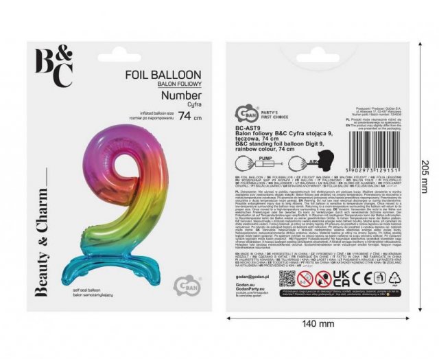 Fóliový balónek ČÍSLICE 9, stojací pouze na vzduch - duhová barva, velikost 74cm (zn. Godan-Beauty&Charm)