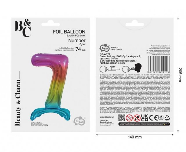 Fóliový balónek ČÍSLICE 7, stojací pouze na vzduch - duhová barva, velikost 74cm (zn. Godan-Beauty&Charm)