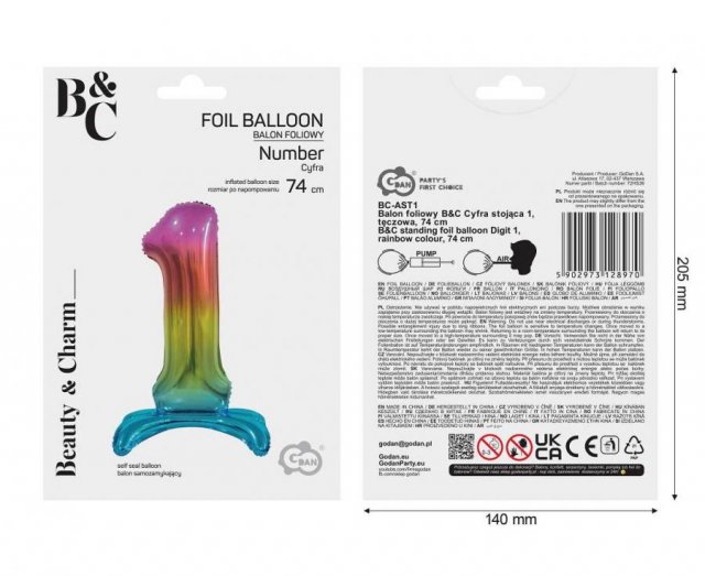 Fóliový balónek ČÍSLICE 1, stojací pouze na vzduch - duhová barva, velikost 74cm (zn. Godan-Beauty&Charm)