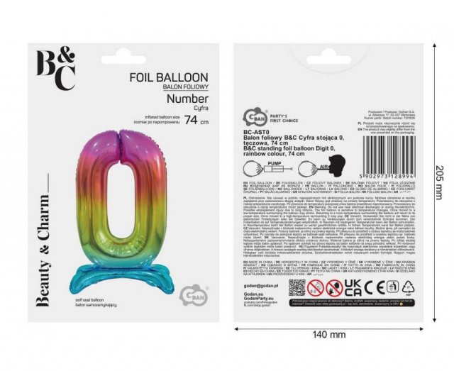 Fóliový balónek ČÍSLICE 0, stojací pouze na vzduch - duhová barva, velikost 74cm (zn. Godan-Beauty&Charm)