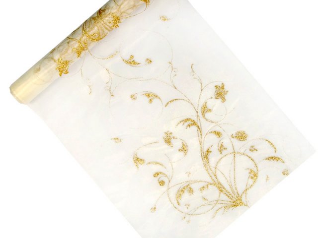 Organza, krémová se zlatým potiskem, 0.36/9m (zn. PartyDeco)