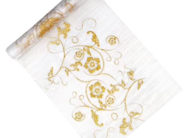 Organza, bílá se zlatým potiskem, 0.36/9m