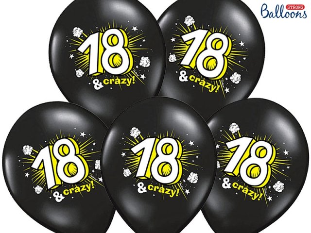 Balónek černý, nápis "18 and crazy", 30 cm - 1 ks