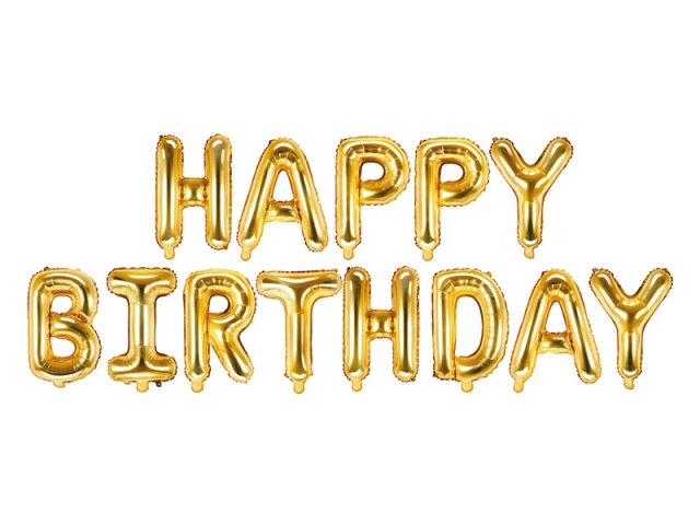 Fóliové balónky, nápis "Happy birthday", zlatý (zn. PartyDeco)