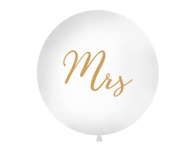 Velký 1m JUMBO balón, bílý, se zlatým nápisem "Mrs" (zn. PartyDeco)