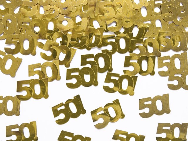 Posypové kovové konfety, číslo 50!, zlatá barva (zn. PartyDeco)