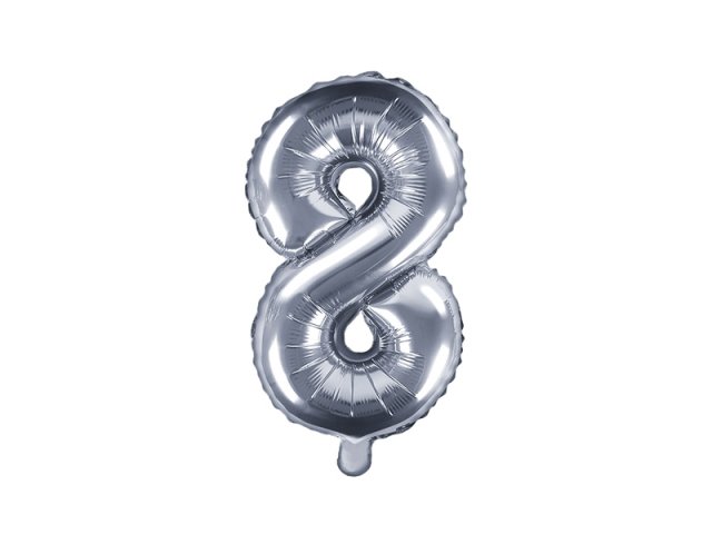 Fóliový balónek, výška 35 cm, stříbrný, číslo 8 (zn. PartyDeco)