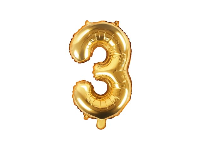 Fóliový balónek, výška 35 cm, zlatý, číslo 3 (zn. PartyDeco)