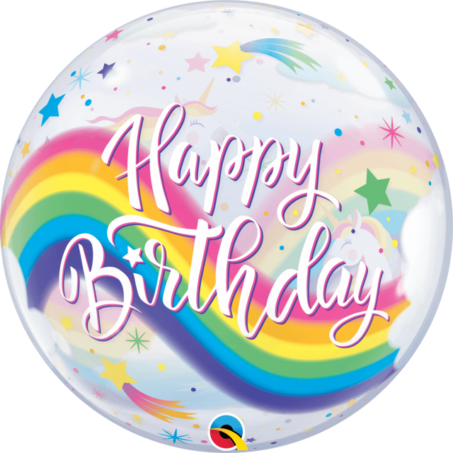 BUBLINA Happy Birthday - Jednorožec / Unicorn a Duha, velikost 56cm (zn. Qualatex)