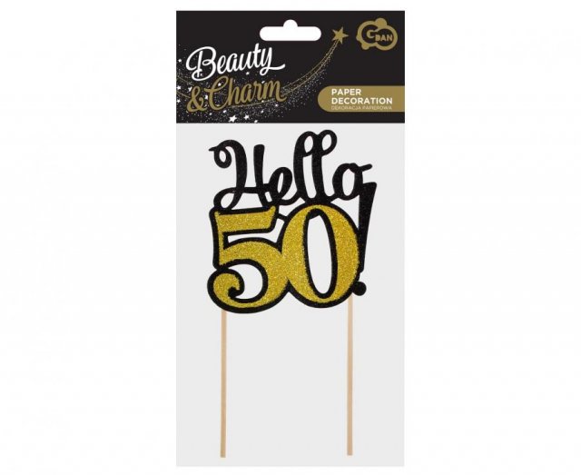 Papírová dekorace Hello 50!, narozeninový zápich, zlato-černá barva s glitry, velikost 10x19cm (zn. Godan)