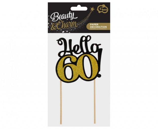 Papírová dekorace Hello 60!, narozeninový zápich, zlato-černá barva s glitry, velikost 10x19cm (zn. Godan)