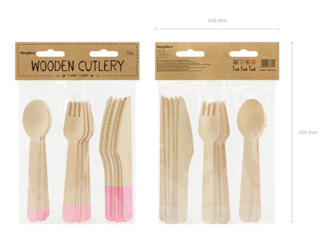 Dřevěné příbory - světle růžové koncovky, set 18ks (3x6) (zn. PartyDeco)