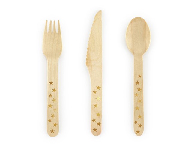 Dřevěné příbory - Hvězdy, zlatá barva, 16cm, set 18ks (3x6) (zn. PartyDeco)
