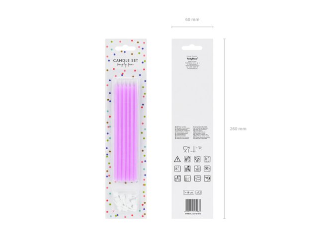 Narozeninové svíčky dlouhé úzké, 14cm, fialová barva, set 12ks + držáčky (zn. PartyDeco)