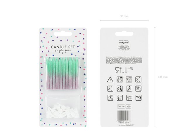 Narozeninové svíčky úzké kratší, 6cm, modro-fialové, set 20ks + držáčky (zn. PartyDeco)