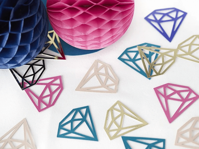 Papírové posypové konfety - diamanty, růžové, fialové a tyrkysové (zn. PartyDeco)