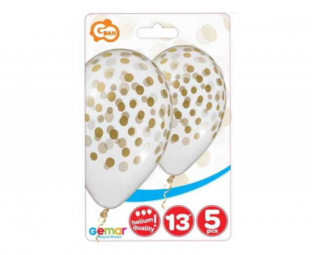 Latexové balónky Zlaté konfety - natisklé, průhledné, velikost 33cm, set 5ks (zn. GEMAR)