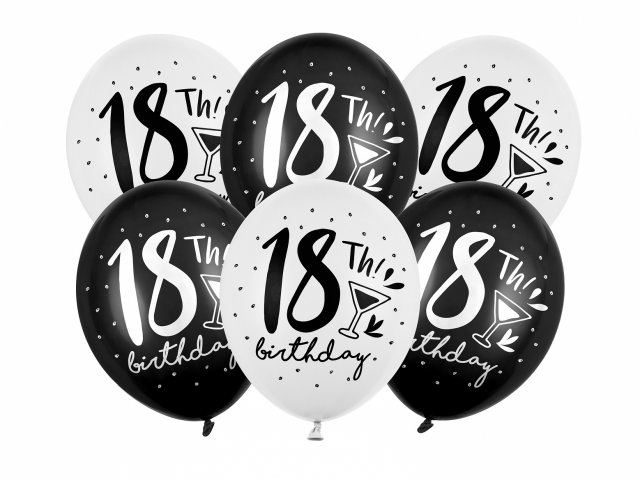 Latexové balónky pro 18. narozeniny / 18th birthday, černé a bílé, velikost 30cm - set 6ks (zn. PartyDeco)