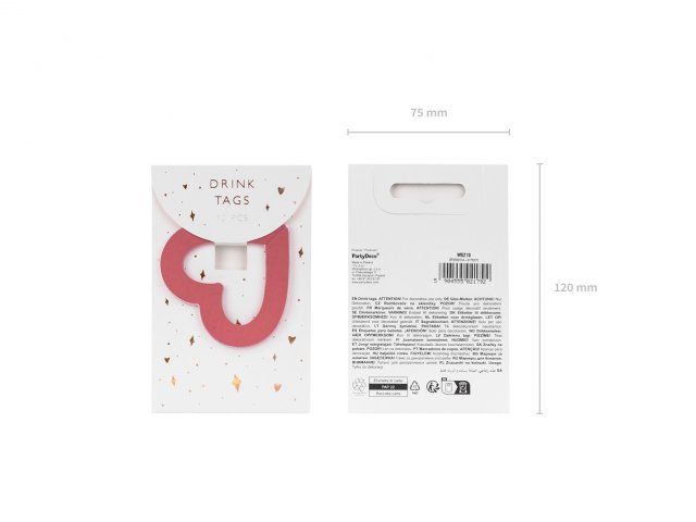 Nápojové visačky / označovače SRDCE, papírové, rozměr 6.5x6cm - set 10ks (zn. PartyDeco)