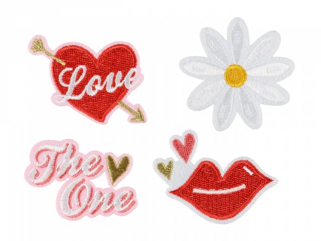 Nažehlovačka na záplaty LÁSKA, mix, 4 až 6cm - set 4ks (zn. PartyDeco)