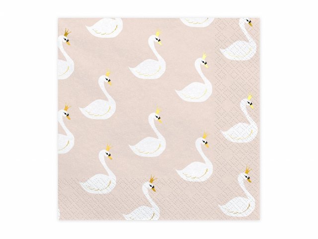 Ubrousky LABUTĚ s korunkou - Lovely Swan, béžovo-bílé, rozměr 33x33cm - set 20ks (zn. PartyDeco)