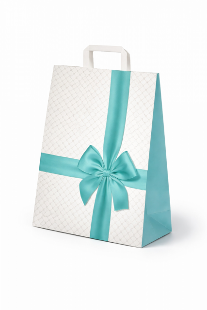 Taška papírová PRESENT s tyrkysovou mašlí, rozměr 32x13x41cm, bílá barva